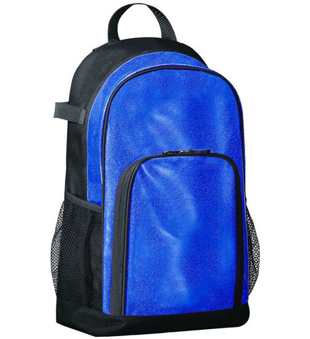 Blue blue glitter backpack with black accents on a white background