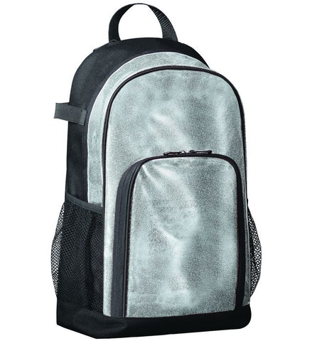 Backpack with silver glittery front panel on a white background