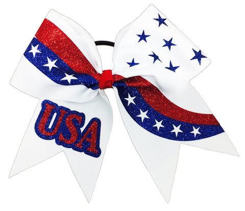 Patriotic cheer bow with stars and stripes design and 'USA' text on a white background