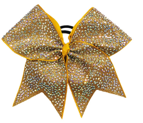 Gold glittery covered in crystal clear rhinestones cheer bow on a white background