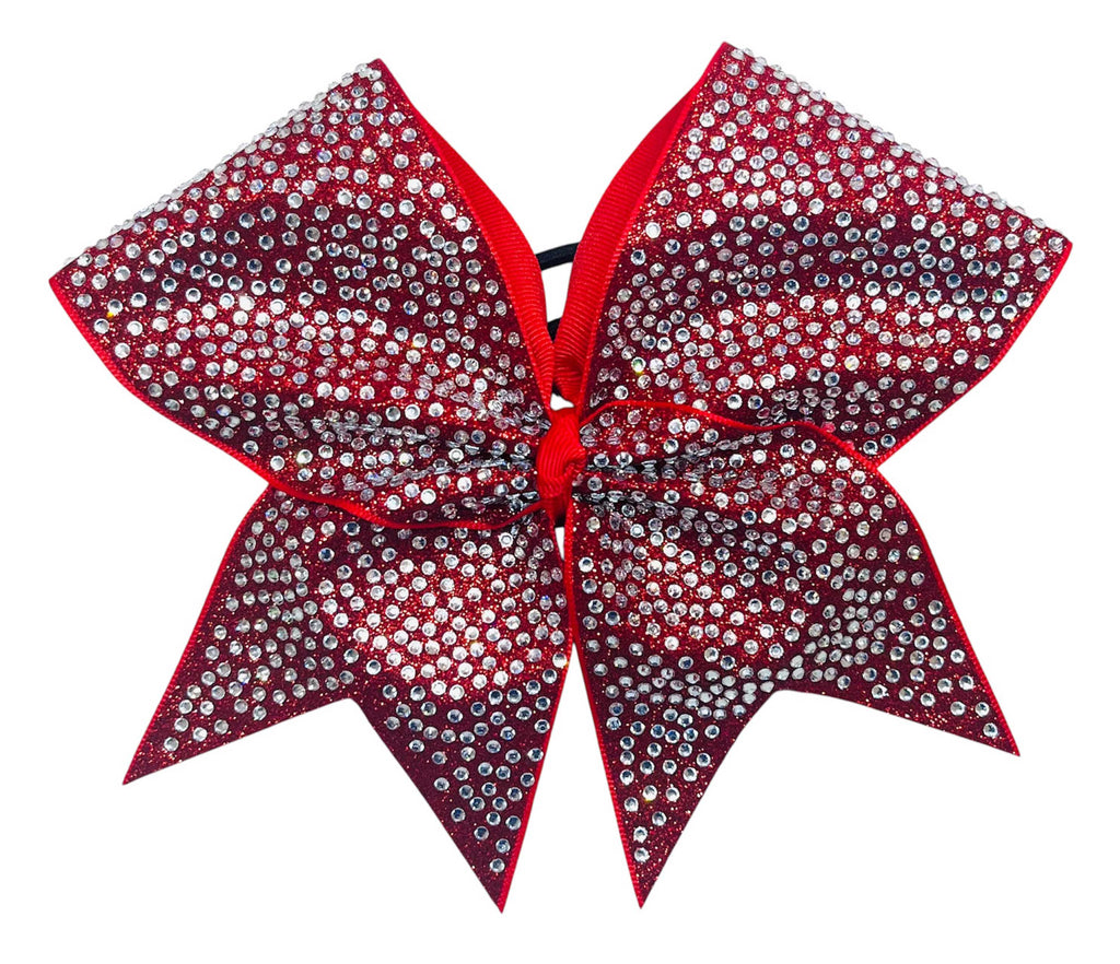 Red glittery covered in crystal clear rhinestones cheer bow on a white background