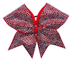 Red glittery covered in crystal clear rhinestones cheer bow on a white background