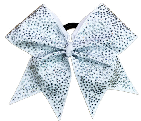 White glittery covered in crystal clear rhinestones cheer bow on a white background