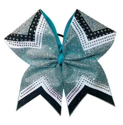 Glittery teal and black cheer bow with rhinestones on a white background