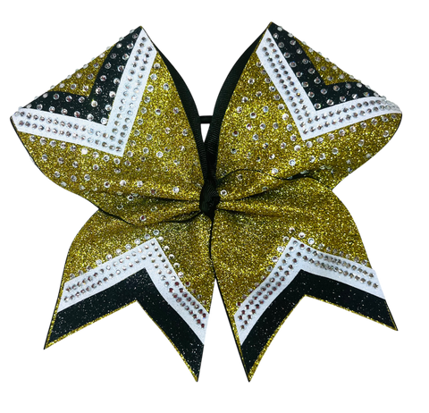 Gold glittery cheer bow with black and white accents on a white background