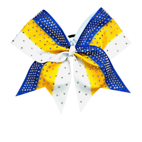 Cheerleading bow with glitter and rhinestones in electric royal blue, yellow, and white colors on a white background