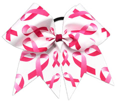 Large hair bow with pink breast cancer awareness ribbon design on a white background