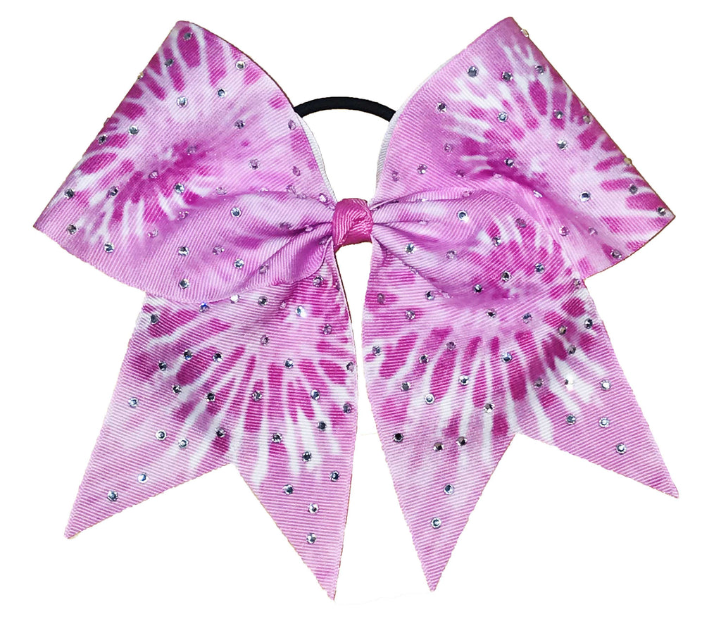 Pink tie-dye bow with rhinestones on a white background