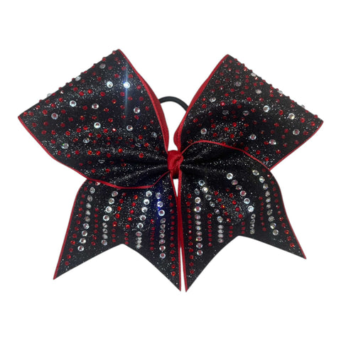 Black and red glittery bow with red and clear rhinestones on a white background