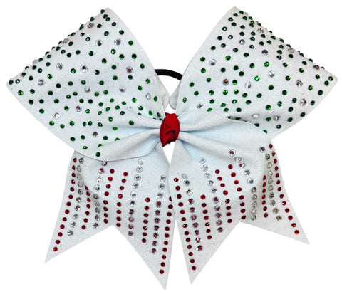 Christmas colored cheer hair bow with red, green and clrea rhinestones on a white background