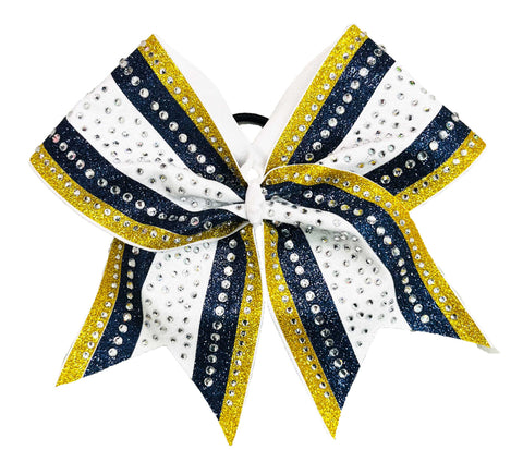White, navy and yellow gold glitter cheer bow with rhinestones on a white background