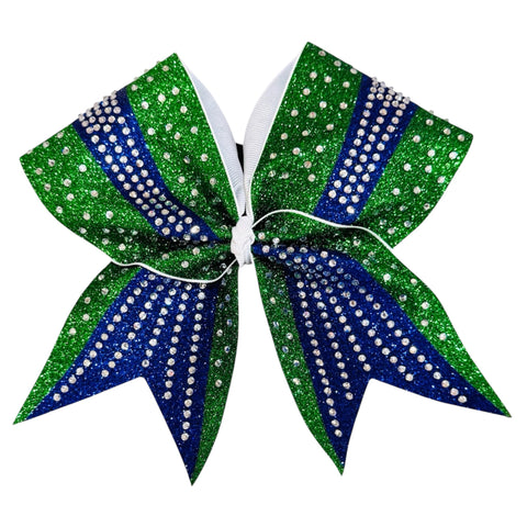 Emerald Green and Royal blue glittery bow with rhinestones on a white background