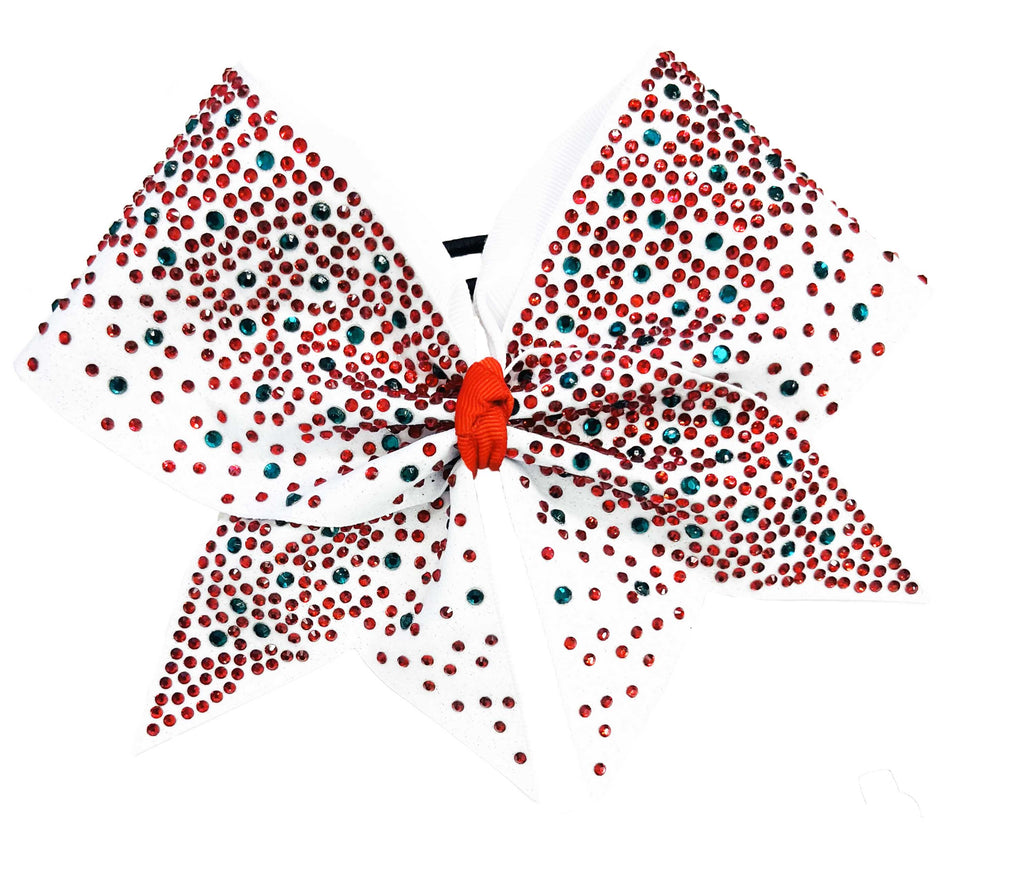 Rhinestone Intensity Christmas Cheer Bow | White Full Glitter | Covered in Red and Green Rhinestones | Competition Cheer Bow | Blinged Out Cheer Bow