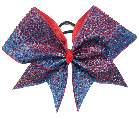 Columbia Blue and red rhinestone and glitter hair bow on a white background