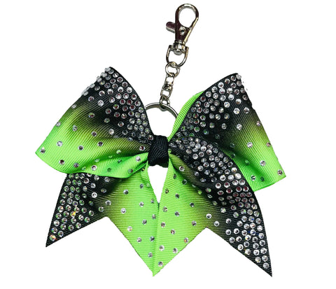 black to neon green ombre bow keychain with rhinestones on a white background