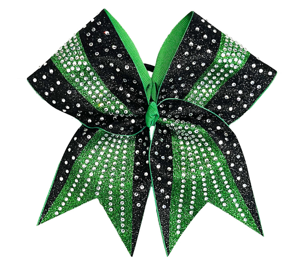 Rhinestone Revel Glitter Cheer Bow | Competition Cheer Bow | All Star Cheer Bow | Two Color Cheer Bow | Emerald Green and Black Cheer Bow