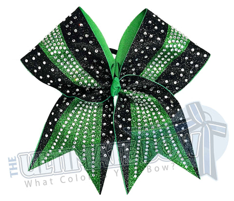 Rhinestone Revel Glitter Cheer Bow | Competition Cheer Bow | All Star Cheer Bow | Two Color Cheer Bow | Emerald Green and Black Cheer Bow