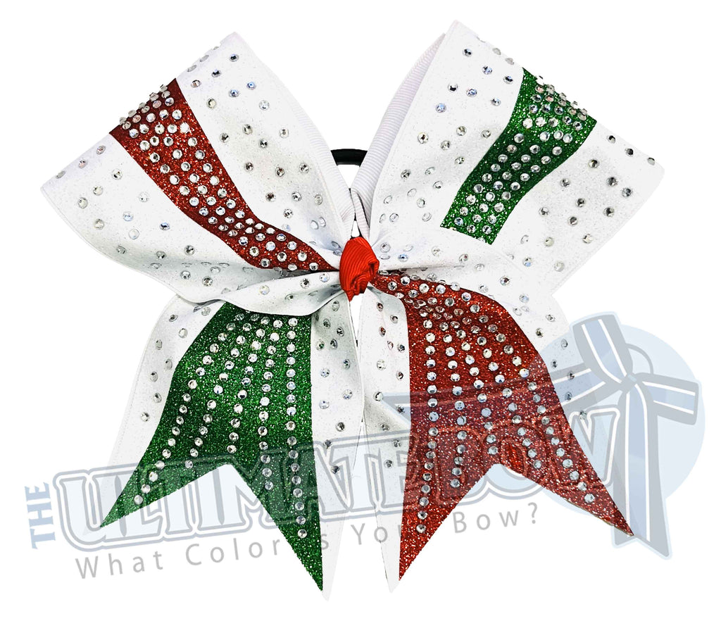 Rhinestone Revel Christmas Glitter Cheer Bow | Competition Cheer Bow | All Star Cheer Bow | Three Color Cheer Bow | Red, White and Emerald Cheer Bow