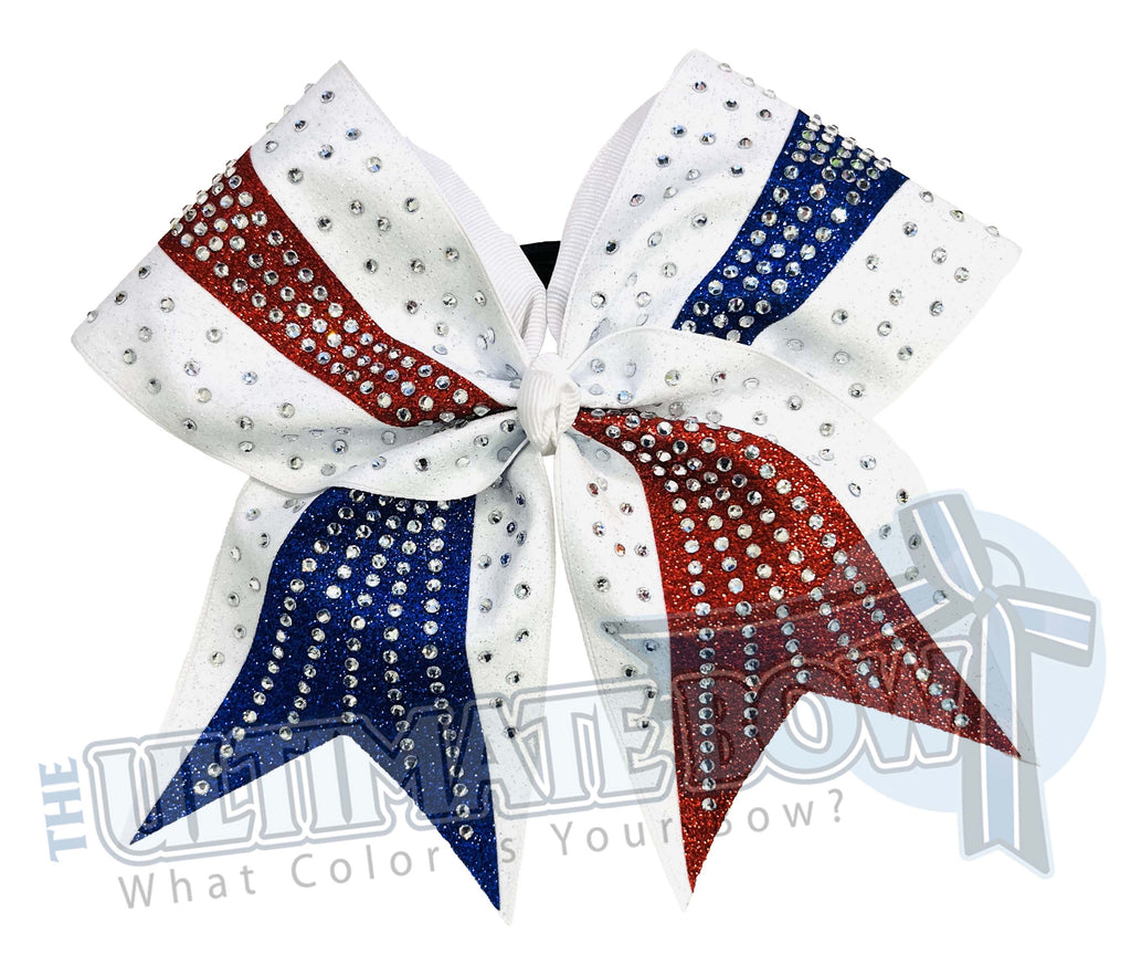 Rhinestone Revel USA Glitter Cheer Bow | Competition Cheer Bow | All Star Cheer Bow | Three Color Cheer Bow | Red, White and Royal Blue Cheer Bow