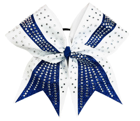 Rhinestone Revel Glitter Cheer Bow | Competition Cheer Bow | All Star Cheer Bow | Two Color Cheer Bow | Royal Blue and White Cheer Bow
