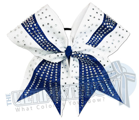 Rhinestone Revel Glitter Cheer Bow | Competition Cheer Bow | All Star Cheer Bow | Two Color Cheer Bow | Royal Blue and White Cheer Bow