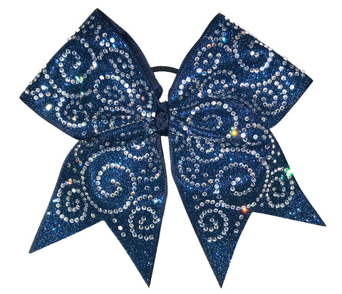 Navy Blue glittery bow with claer rhinestones on a white background