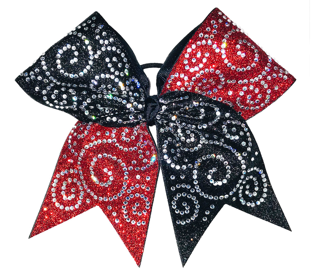 Red and black Cheer bow with clear rhinestones on a white background