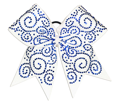 White glitter cheer bow with royal blue swirl rhinestones on a white background