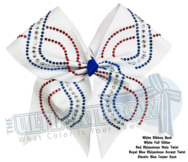 Rhinestone Twist Glitter Cheer Bow | Red, White and Blue Cheer Bow | Red and Royal Blue Rhinestones | Glitter Competition Bow
