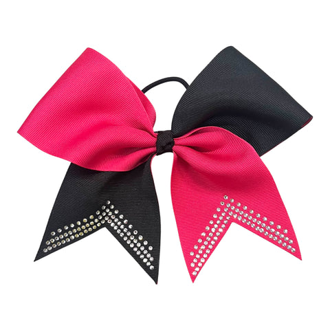 Black and shocking pink hair bow with rhinestone details on a white background