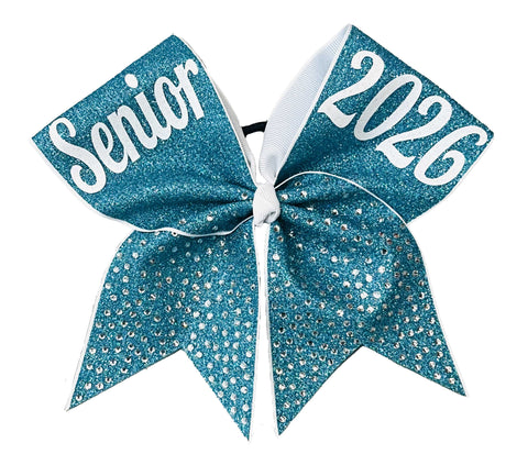 Rhinestone Senior Bling Cheer Bow | Class of 2026 Graduation Gifts | Teal/Jade White Senior Bows
