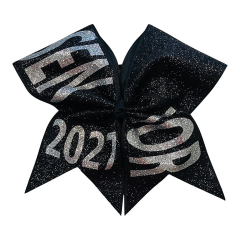 A black glitter cheer bow featuring silver glitter lettering that spells out 'SENIOR 2027' on a plain white background.