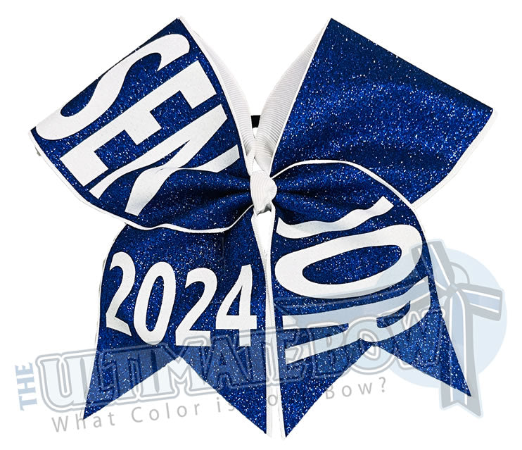 Full glitter senior cheer bow | Class of 2024 | celebrate-graduation-graduate Senior Hair Bow | Class of 2024 | Royal and White