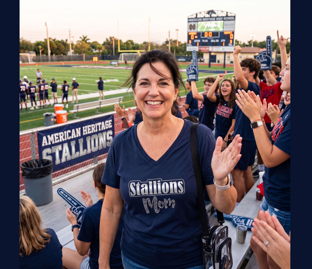 A smiling woman in a stadium stands in front of a crowd, wearing a navy blue V-neck T-shirt with 'Stallions Mom' printed in white and gray. The background shows a football field, cheering fans, and a scoreboard at sunset.