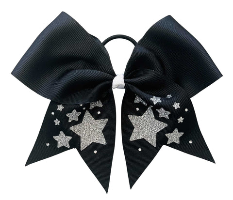 Black cheer hair bow with silver glitter stars and rhinestones on a white background