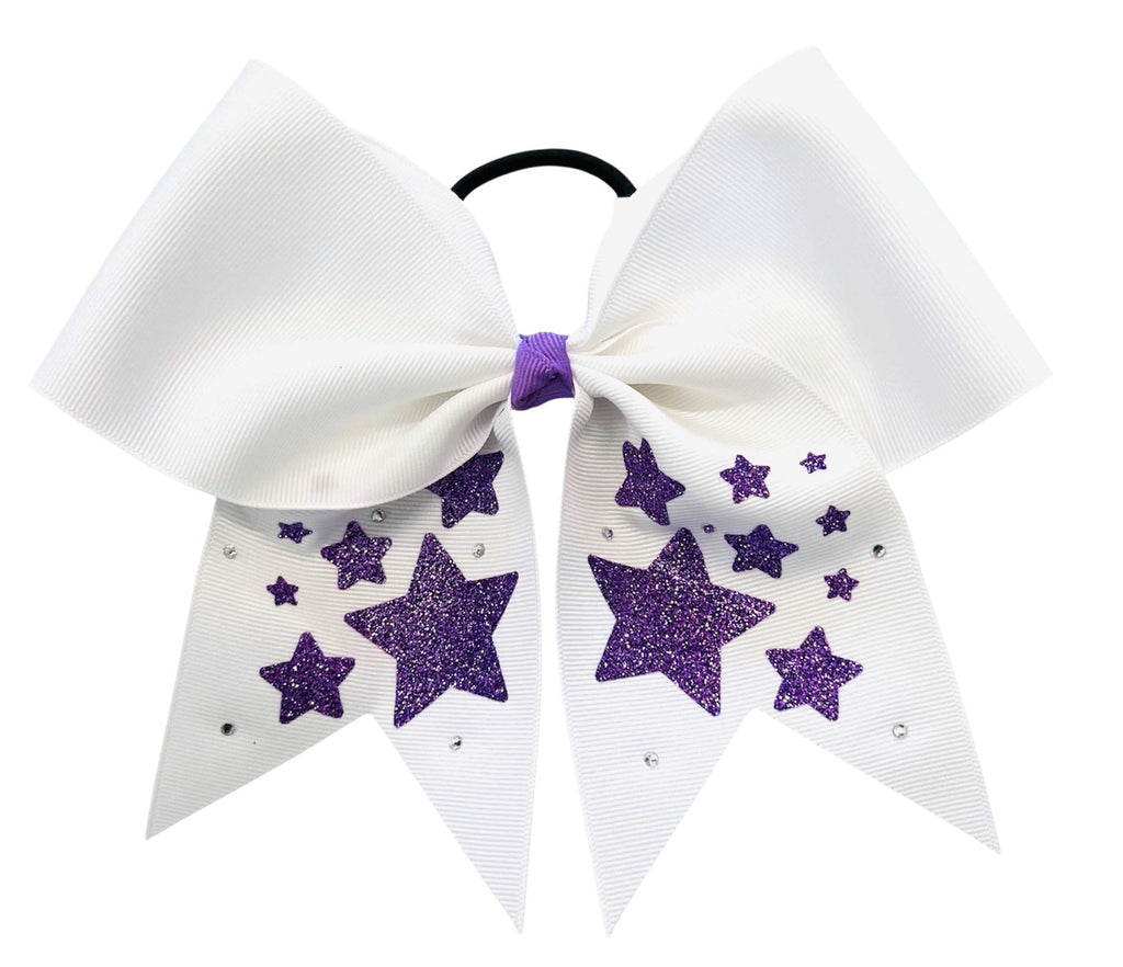 White cheer hair bow with periwinkle glitter stars and rhinestones on a white background