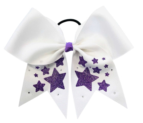 White cheer hair bow with periwinkle glitter stars and rhinestones on a white background
