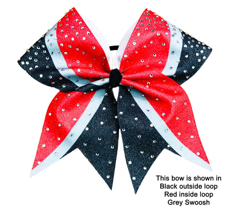 Red, black, and gray swoosh glitter cheer bow with rhinestones on a white background