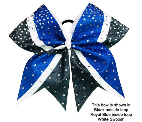 royal Blue, black and white cheer bow with rhiestone accents on a white background