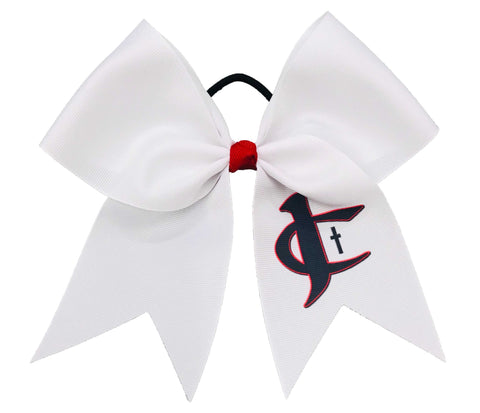 White hair bow with a red center and custom logo sublimated on a white background