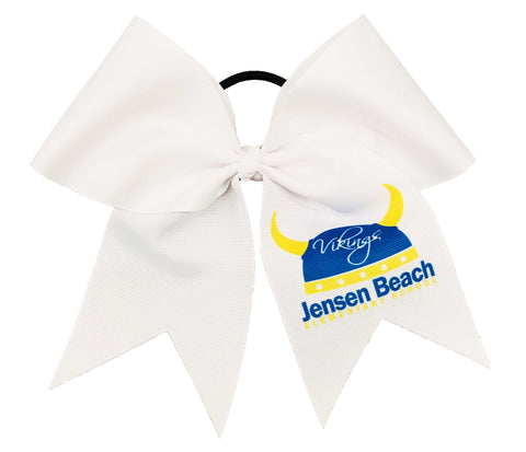 White cheer bow with 'Jensen Beach Vikings' logo sublimated on right tail on a white background