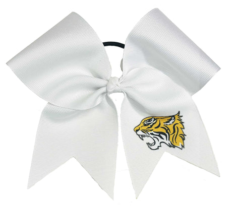 White bow with a tiger logo sublimated on right tail on a white background