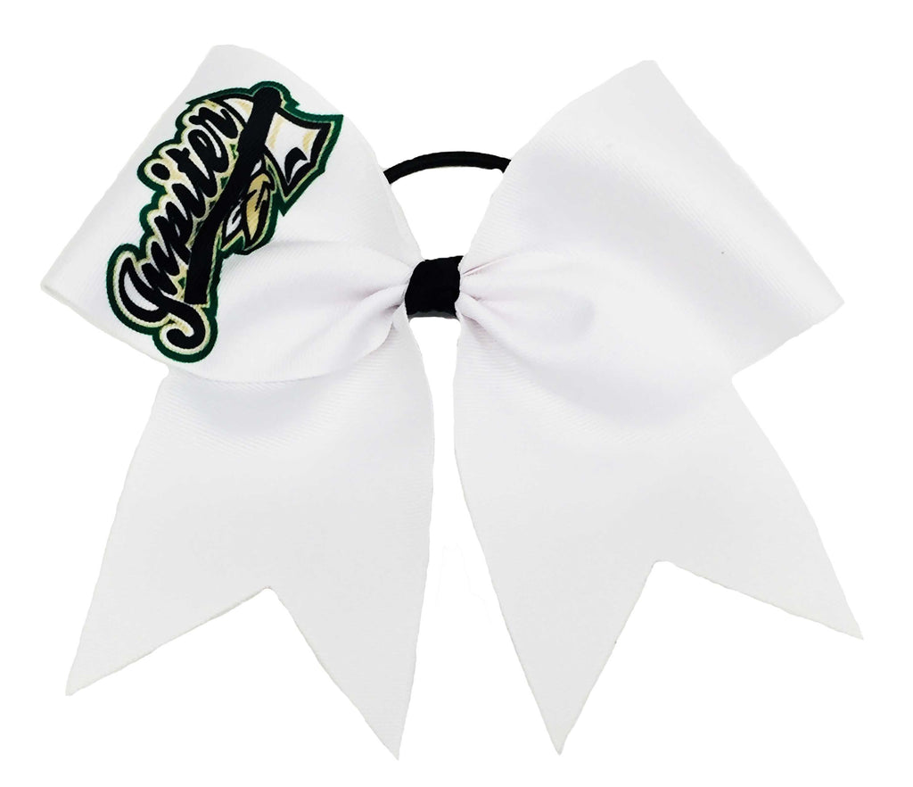 White cheer bow with Warrior Green Sublimated logo on a white background