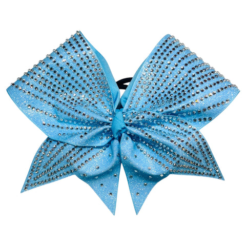 A neon blue/highlighter blue glitter cheer bow embellished with silver rhinestones, shown against a plain white background.
