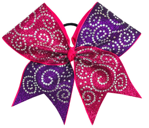 Hot Pink and purple cheer bow with rhinestone swirls patterns on a white background