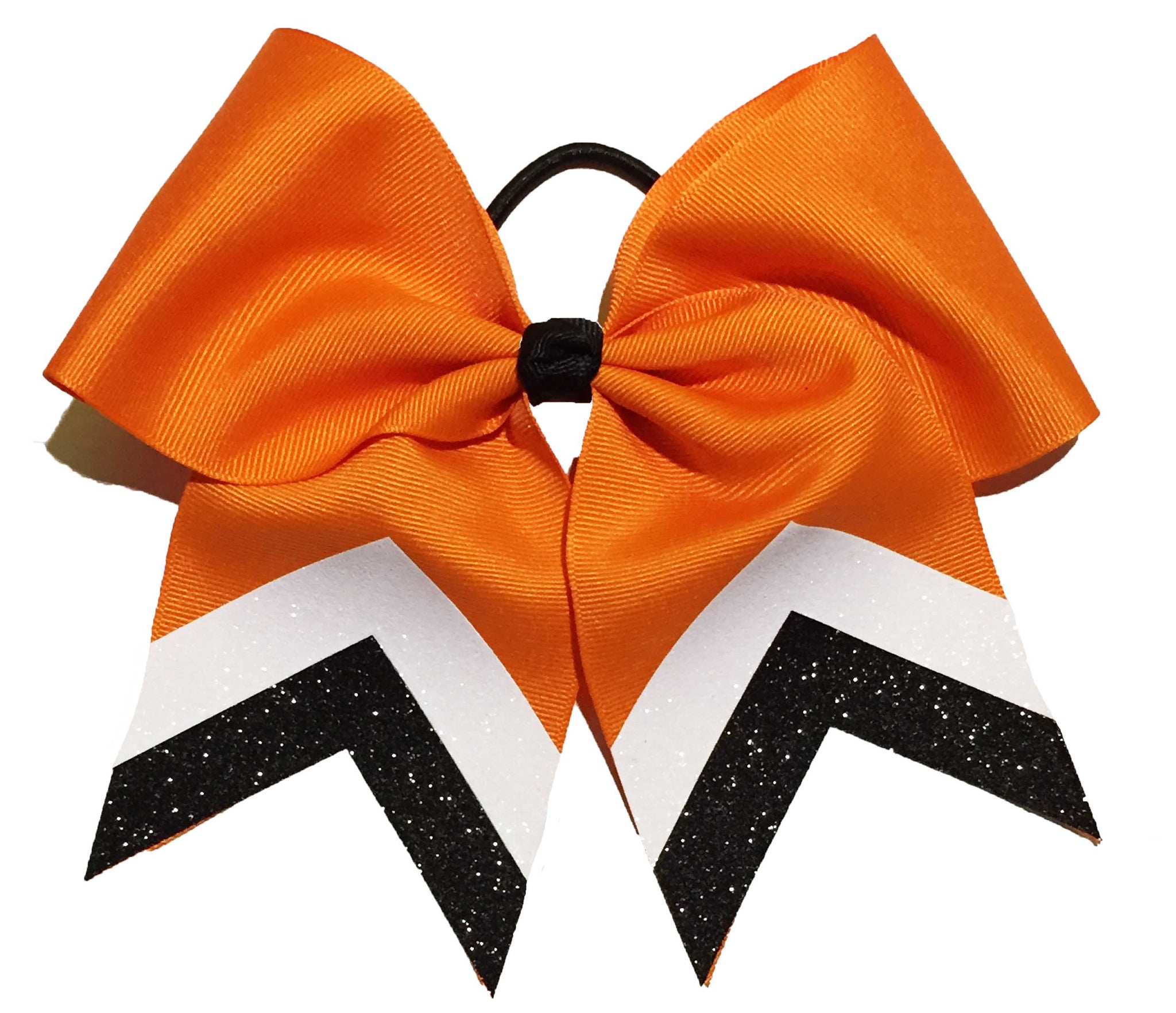 thumbnail image 2 of Orange Black White Cheer Hair Bow - 3 Inch Ribbon Pony Tail Holder For Girls, Handmade In USA 2 of 6