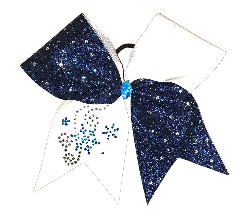 Navy, white and turquoise Rhinestone Flurry glitter Christmas snowflake cheer bow front view