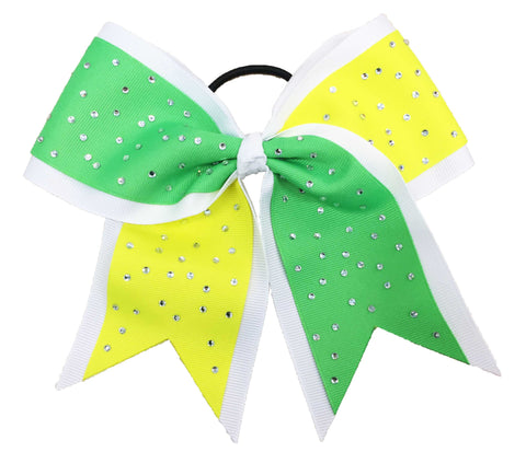 Neon green and ansi yellow cheer bow with rhinestones on a white background