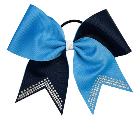 Columbia Blue and navy cheer hair bow with rhinestone details on a white background