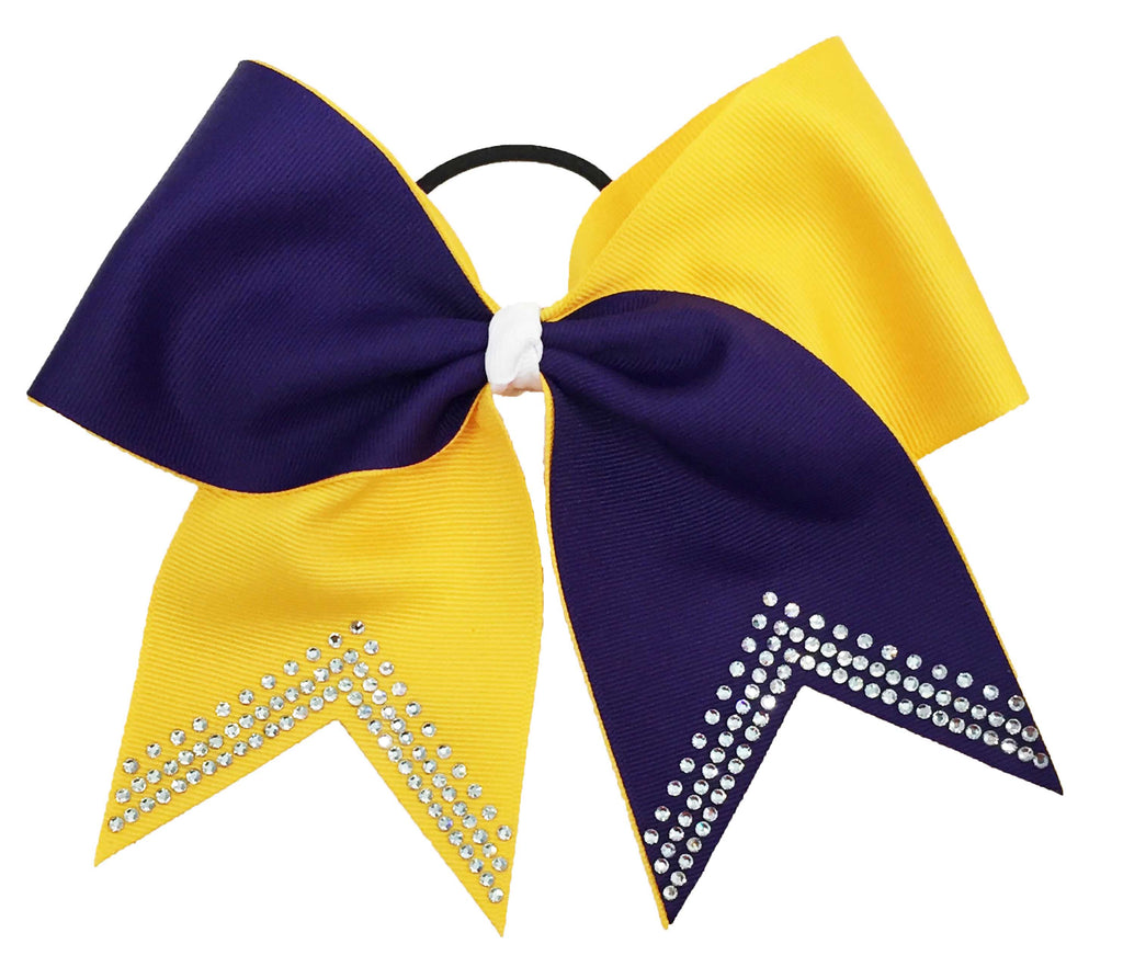 Purple and yellow cheer bow with rhinestone details on a white background